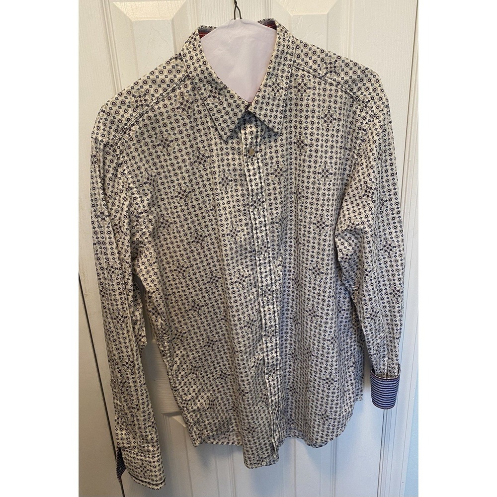 Robert Graham XL Button Down Shirt White Blue Medallion Paisley Print flip cuff